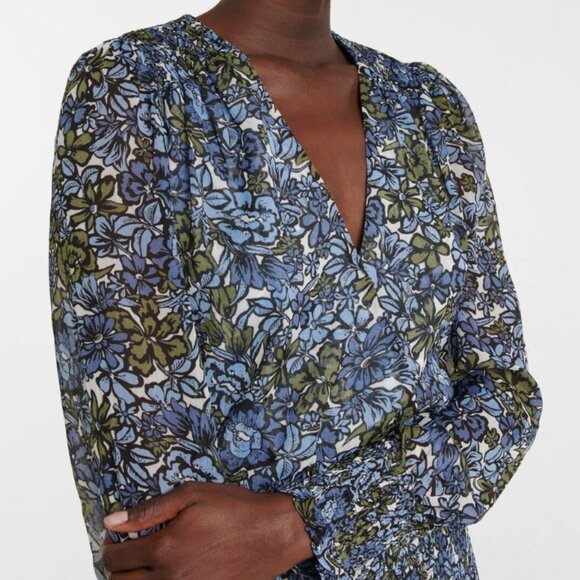 Veronica Beard Saera Blue Multi Floral V-neck Long Sleeves Mini Dress XS $495 - Picture 12 of 15